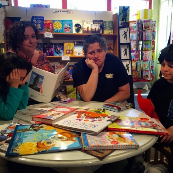 Colleen and Deanna and the kids at the kids' table at Queen Anne Book Company