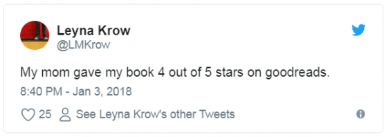 Tweet about Mom's goodreads rating