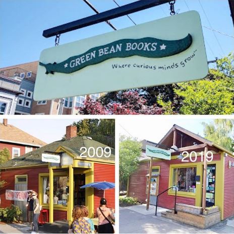 Green Bean Books sign and storefronts from 2009 and 2019