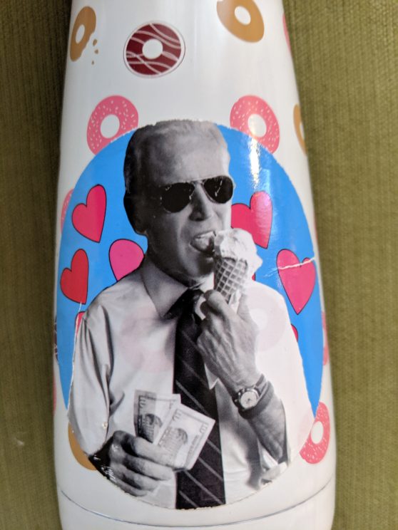 Joe Biden eating ice cream sticker on a water bottle