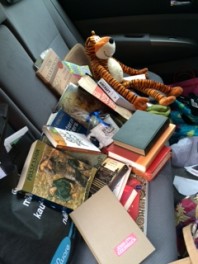Books, and tigers, and treasures, OH MY! The haul in the backseat by the end of the trip. 