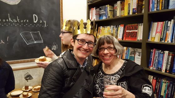 Kim Hooyboer of Elliott Bay Book Co. and the "Drunk Booksellers" team (http://drunkbooksellers.tumblr.com/) with Caitlyn Baker of University Bookstore and Team SnackPack