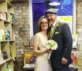 Bride and groom at Browsers Bookshop bookstore wedding