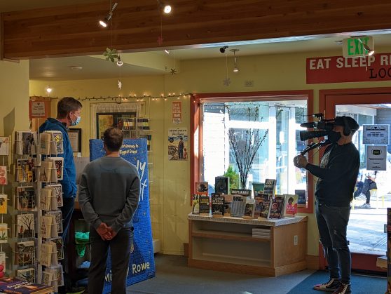 Saint Bryan, Mickey Rowe, and the KING 5 camera crew filmed at Queen Anne Book Company in Seattle, WA in March 2022.