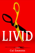 Livid by Cai Emmons [red background, black and gold pair of scissors]