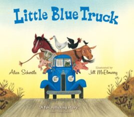 Cover of "Little Blue Truck" featuring illustrated truck with farm animals piled on it