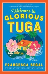 Book cover of "Welcome to Glorious Tuga" (illustration of tiny tropical island with yellow house, pink tropical flowers, and tortoises