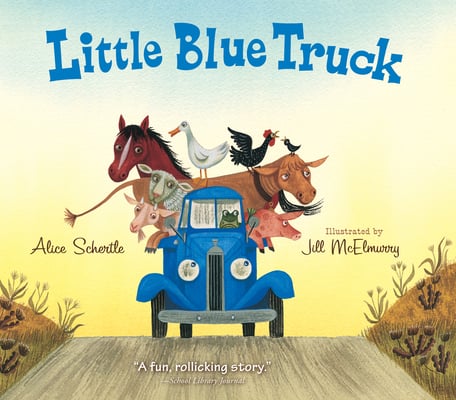 Little Blue Truck carrying a variety of farm animals including a goat, a horse, a duck, a chicken, a cow, and a pig