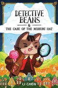 The cover of Detective Beans and the Case of the Missing Hat featuring a cartoon cat with a magnifying glass and an ice cream cone