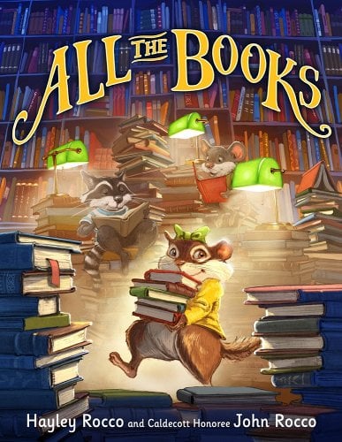 All the Books book cover showing warm illustration of a chipmunk wearing a bow and cardigan carrying a stack of books, surrounded by towers of books