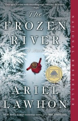 The Frozen River by April Lawhon (cover) a winter scene with woman in a red coat, shown from above)