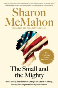 Book cover of "The Small and Mighty" by Sharon McMahon; ivory background, woman's head profile in the American flag
