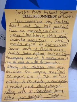 Hand written recommendation for Careless People from Sylla