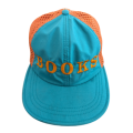 Blue and orange hat with mesh back and word BOOKS on the front.